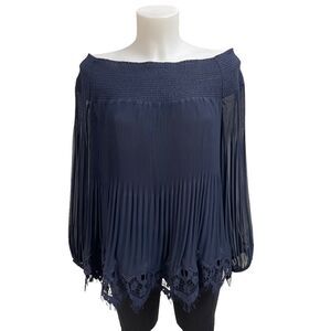CLASSIQUES‎ ENTIER Navy Chiffon Smocked Off Shoulder Pleated Lace Hem Top sz M
